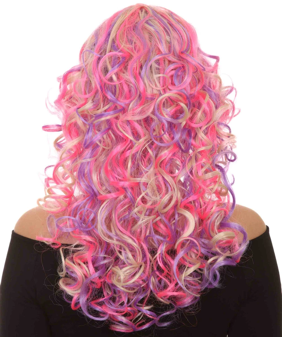 HPO Pink Mixed Party Girl Curly Womens Wig | Long Curly Fancy Cosplay Halloween Wig | Premium Breathable Capless Cap