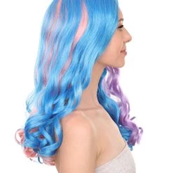 Adult Women's 19 Inch Medium Length Wavy Halloween Anime Rainbow Mermaid Festival Wig, Synthetic Soft Fiber MultiColor Hair, Perfect For Your Next Party Or Cosplay Event | HPO