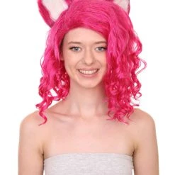 Adult Women's 16" Inch Medium Length Wavy Barbie Costume Wig, Synthetic Soft Fiber Hair With Cat Ears | HPO