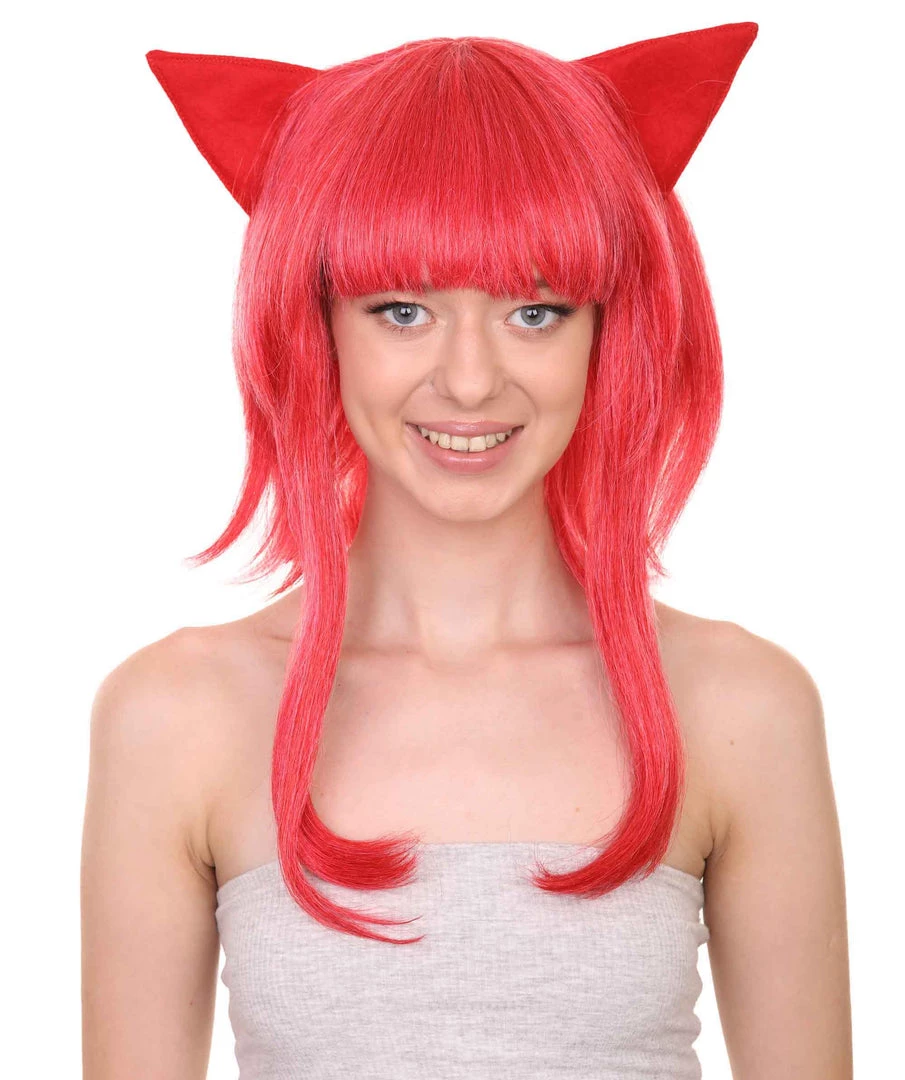 Adult Women's 16" Inch Medium Length Halloween Animated Video Game Annie Wig With Ears, Synthetic Soft Fiber Hair, Perfect For Your Next Conventiton And Group Anime Party! | HPO