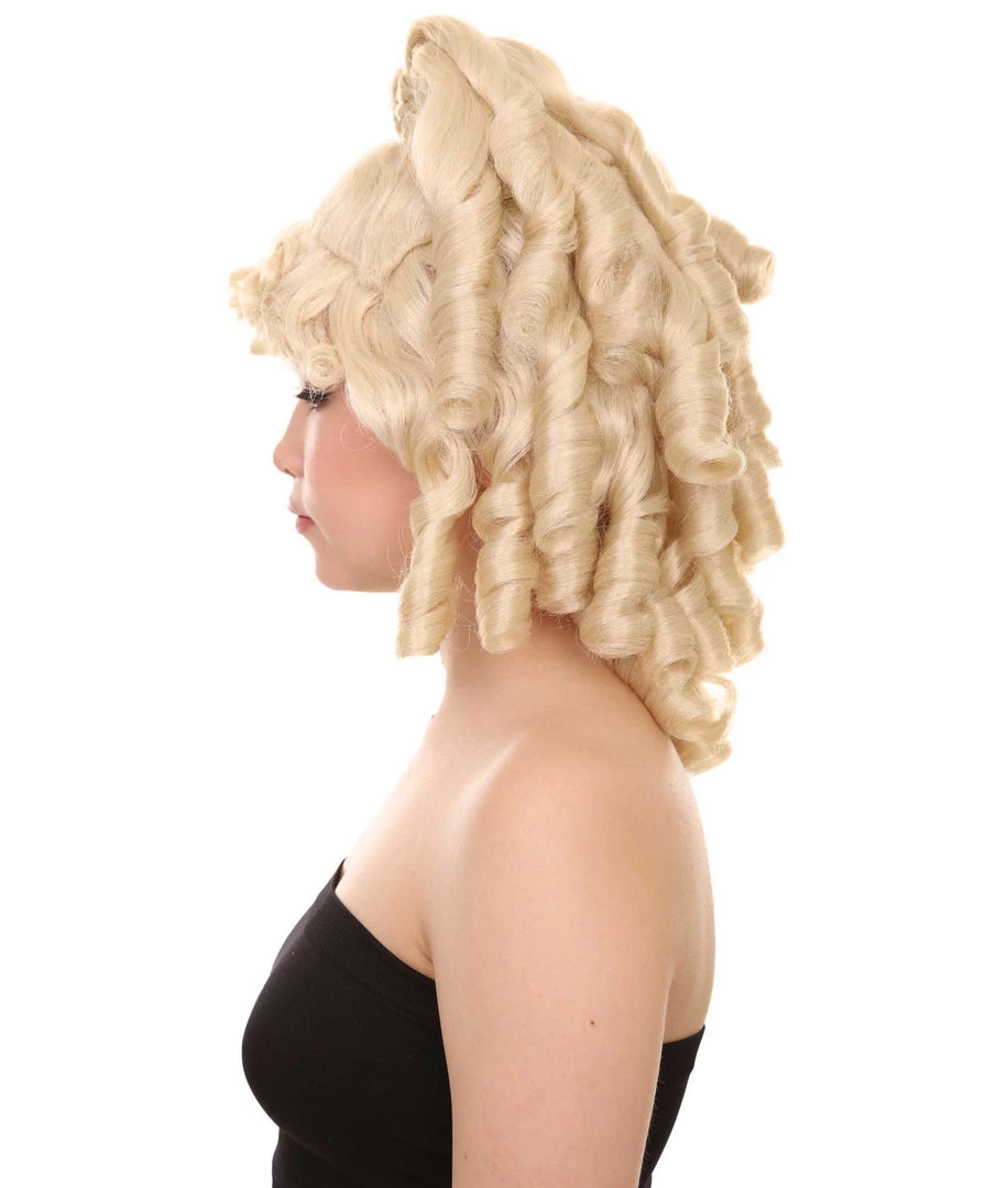 HPO Women's Womens 18th Century Colonial Lady Curly Blonde Historical Wig | Premium Breathable Capless Cap