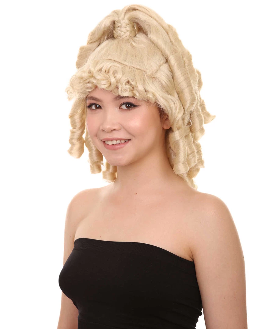 HPO Women's Womens 18th Century Colonial Lady Curly Blonde Historical Wig | Premium Breathable Capless Cap