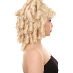 HPO Women's Womens 18th Century Colonial Lady Curly Blonde Historical Wig | Premium Breathable Capless Cap
