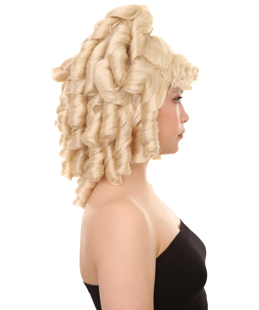 HPO Women's Womens 18th Century Colonial Lady Curly Blonde Historical Wig | Premium Breathable Capless Cap