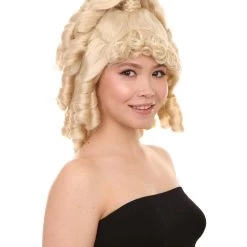 HPO Women's Womens 18th Century Colonial Lady Curly Blonde Historical Wig | Premium Breathable Capless Cap