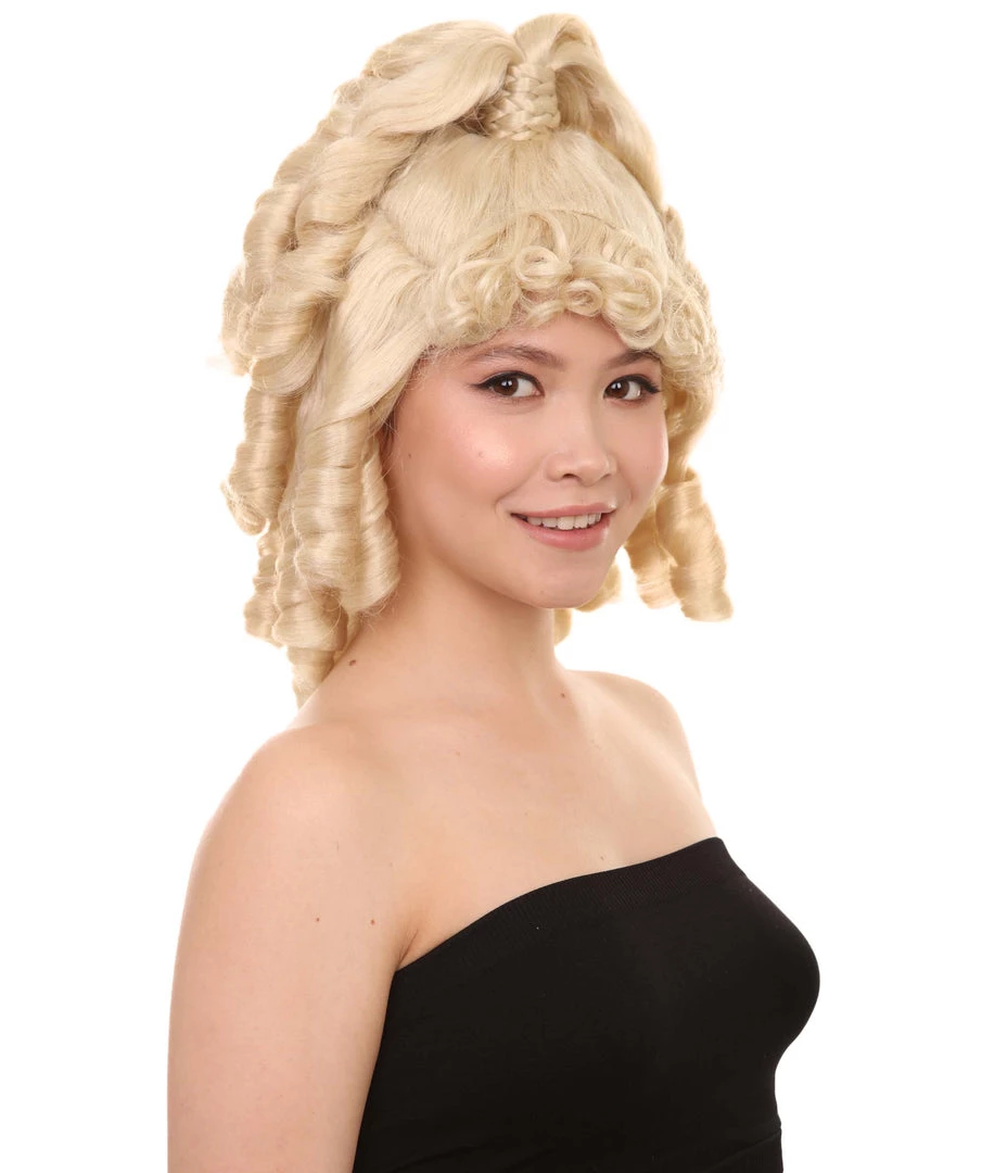 HPO Women's Womens 18th Century Colonial Lady Curly Blonde Historical Wig | Premium Breathable Capless Cap