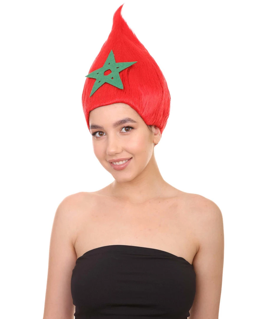 FLAGWIGS Women's Morocco Flag Sport Troll Wig | Red Cosplay Wig | Premium Breathable Capless Cap