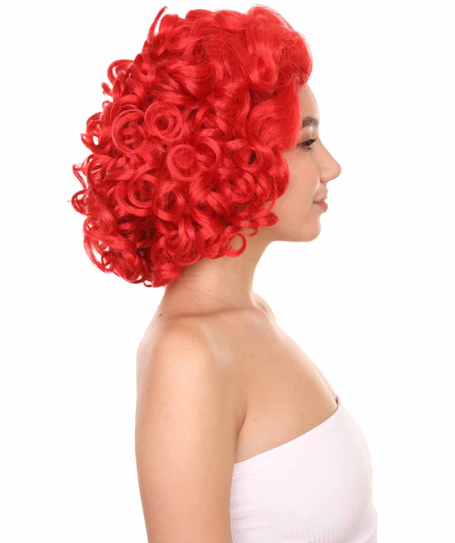 Adult Women's 15" Inch Medium Length Curly Halloween Cosplay Queen Of Drag Fierce Red Ruby Color Costume Wig, Synthetic Soft Fiber Hair | HPO