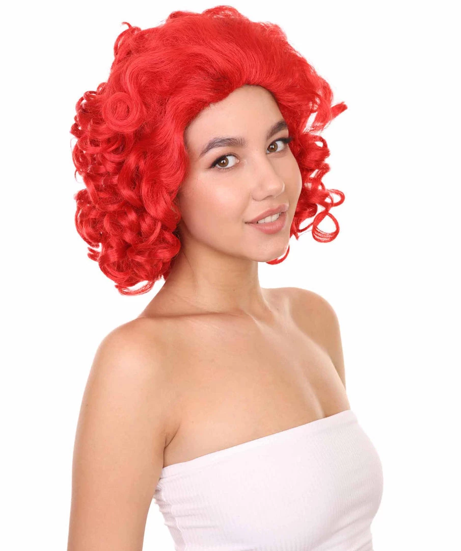 Adult Women's 15" Inch Medium Length Curly Halloween Cosplay Queen Of Drag Fierce Red Ruby Color Costume Wig, Synthetic Soft Fiber Hair | HPO
