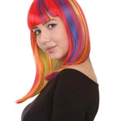 HPO Women's Womens Rainbow Medium Bob Wig | Party Ready Fancy Cosplay Halloween Wig | Premium Breathable Capless Cap