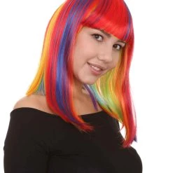 HPO Women's Womens Rainbow Medium Bob Wig | Party Ready Fancy Cosplay Halloween Wig | Premium Breathable Capless Cap