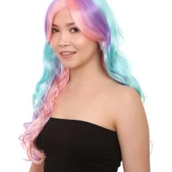 HPO Long Colorful Curly Wave Cosplay Womens Wig | Crazy Colorful Stage/Event Fancy Wig | Premium Breathable Capless Cap
