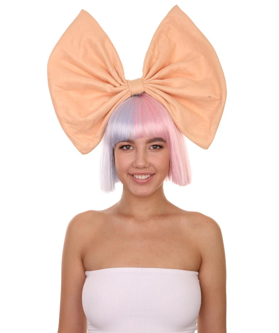 Adult Women's 9" Inch Short Length Halloween Two Tone Group Singer Wig With Bow, Synthetic Soft Fiber Hair, Perfect For Your Next Festival Convention And Group Bachelorette Party! | HPO