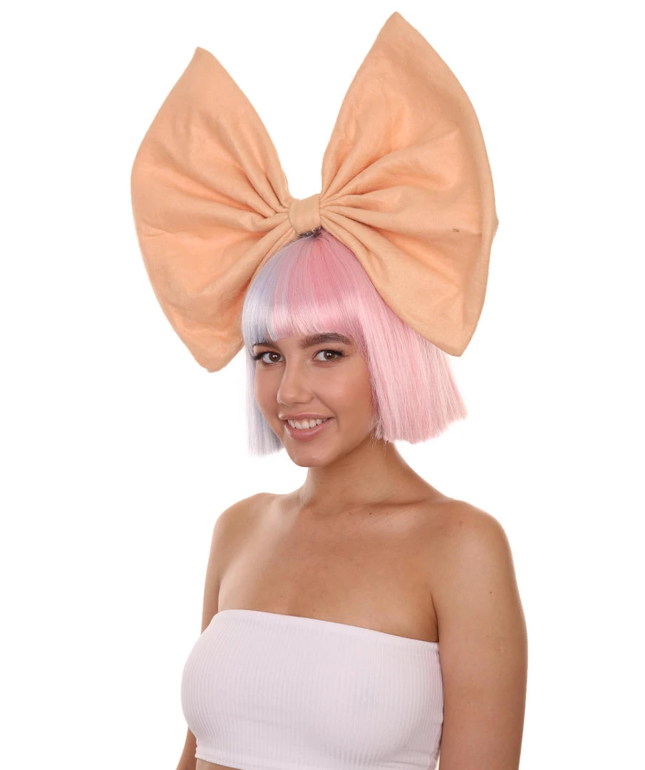 Adult Women's 9" Inch Short Length Halloween Two Tone Group Singer Wig With Bow, Synthetic Soft Fiber Hair, Perfect For Your Next Festival Convention And Group Bachelorette Party! | HPO