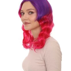 HPO Women's Long Wavy Two-tone Wig | Purple & Pink Colorful Wigs | Premium Breathable Capless Cap