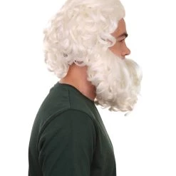 HPO Men's Professional Mens Santa Wig And Full Beard Set | White Merry Christmas Wig | Premium Breathable Capless Cap