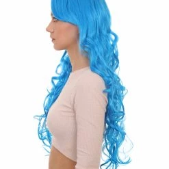 HPO Women's Long Curly Blue Womens Wig | Dramatical Cosplay Halloween Wig | Premium Breathable Capless Cap