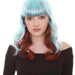 HPO Women's Long Wavy Blue & Brown Womens Wig | Fancy Party Event Ready Halloween Wig | Premium Breathable Capless Cap