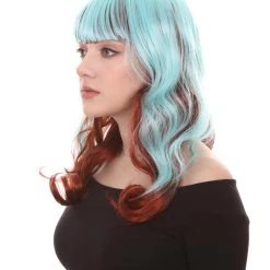 HPO Women's Long Wavy Blue & Brown Womens Wig | Fancy Party Event Ready Halloween Wig | Premium Breathable Capless Cap