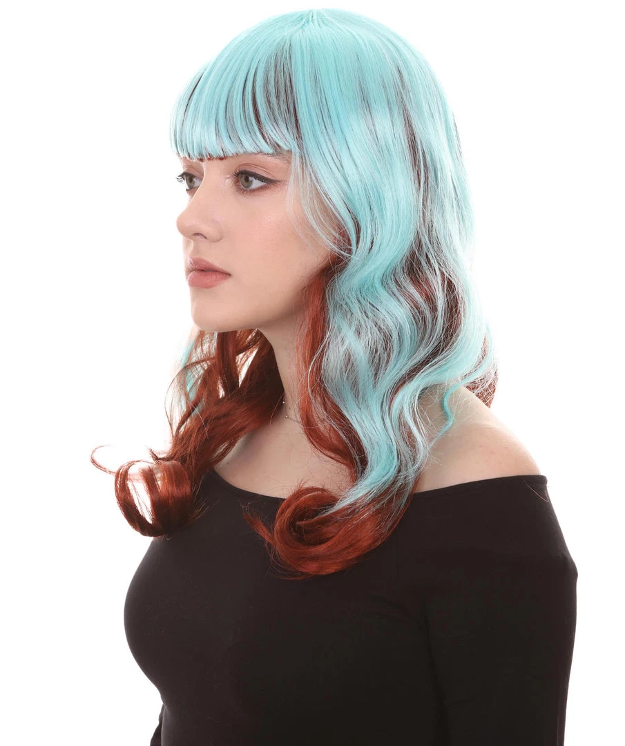 HPO Women's Long Wavy Blue & Brown Womens Wig | Fancy Party Event Ready Halloween Wig | Premium Breathable Capless Cap