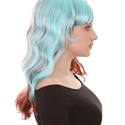 HPO Women's Long Wavy Blue & Brown Womens Wig | Fancy Party Event Ready Halloween Wig | Premium Breathable Capless Cap