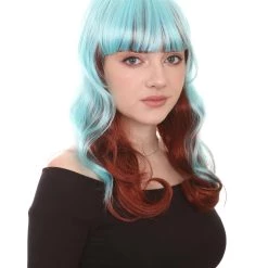 HPO Women's Long Wavy Blue & Brown Womens Wig | Fancy Party Event Ready Halloween Wig | Premium Breathable Capless Cap