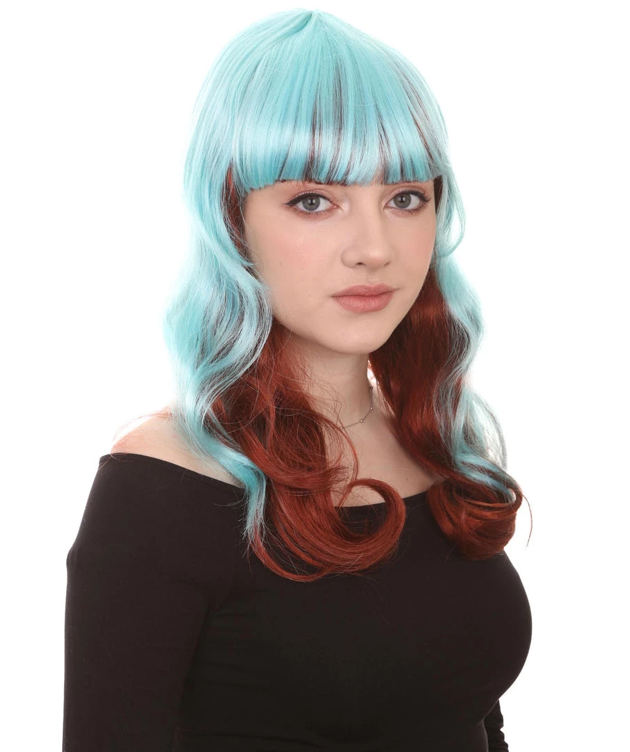 HPO Women's Long Wavy Blue & Brown Womens Wig | Fancy Party Event Ready Halloween Wig | Premium Breathable Capless Cap