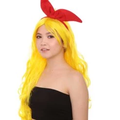 HPO Womens Manga Wig With Red Bow Set | Yellow TV/Movie Wigs | Premium Breathable Capless Cap