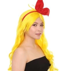 HPO Womens Manga Wig With Red Bow Set | Yellow TV/Movie Wigs | Premium Breathable Capless Cap