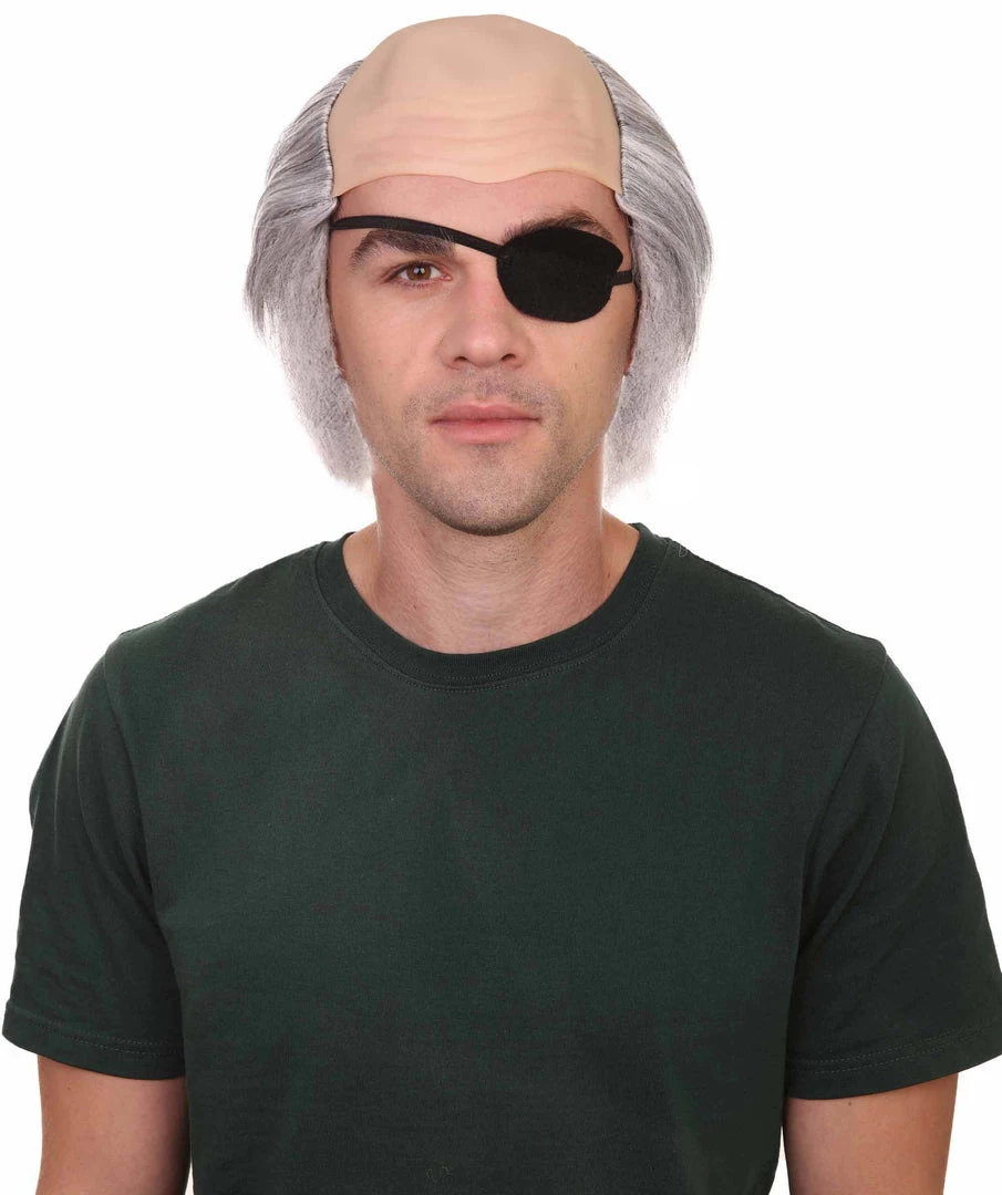 HPO Mens Grey Bald Cap Wig With Eye Patch | Cosplay Halloween Wig Men's