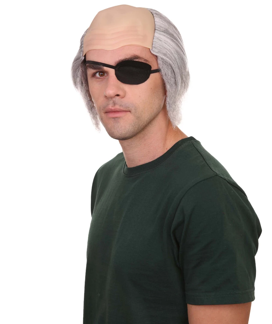 HPO Mens Grey Bald Cap Wig With Eye Patch | Cosplay Halloween Wig Men's