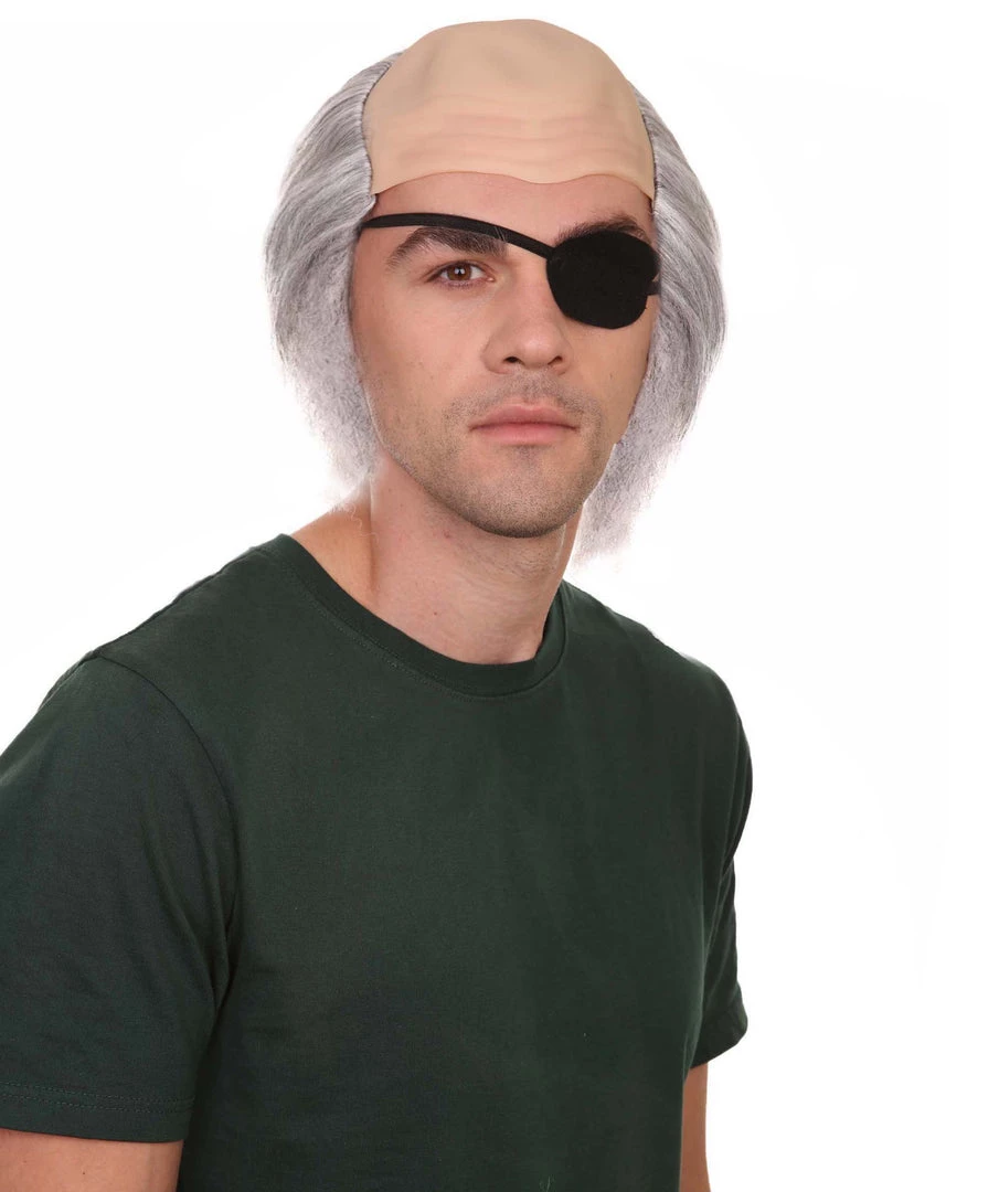 HPO Mens Grey Bald Cap Wig With Eye Patch | Cosplay Halloween Wig Men's
