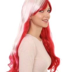 HPO Womens Fashion Lady Cosplay Long Curly Wavy Wig | White & Red Party Wigs | Premium Breathable Capless Cap
