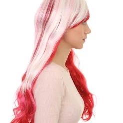 HPO Womens Fashion Lady Cosplay Long Curly Wavy Wig | White & Red Party Wigs | Premium Breathable Capless Cap