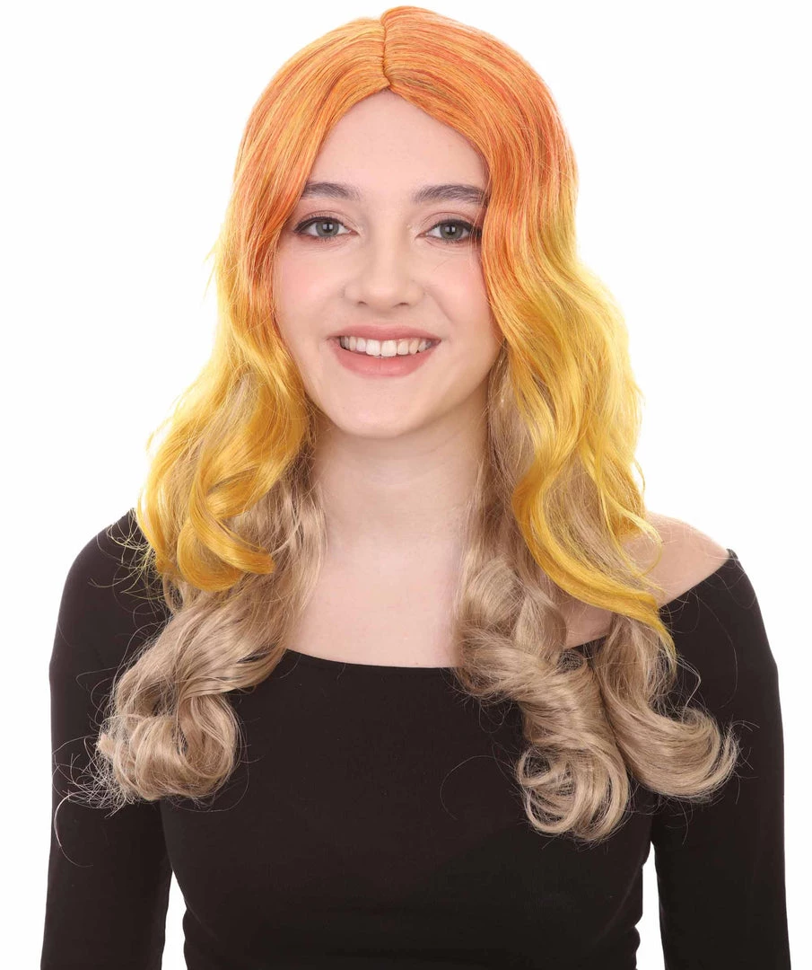 HPO Two-Tone Long Wavy Orange Womens Wig | Sexy Cosplay Party Halloween Wig | Premium Breathable Capless Cap Women's
