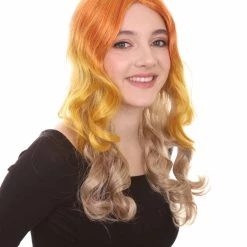 HPO Two-Tone Long Wavy Orange Womens Wig | Sexy Cosplay Party Halloween Wig | Premium Breathable Capless Cap Women's
