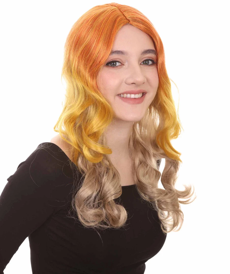 HPO Two-Tone Long Wavy Orange Womens Wig | Sexy Cosplay Party Halloween Wig | Premium Breathable Capless Cap Women's