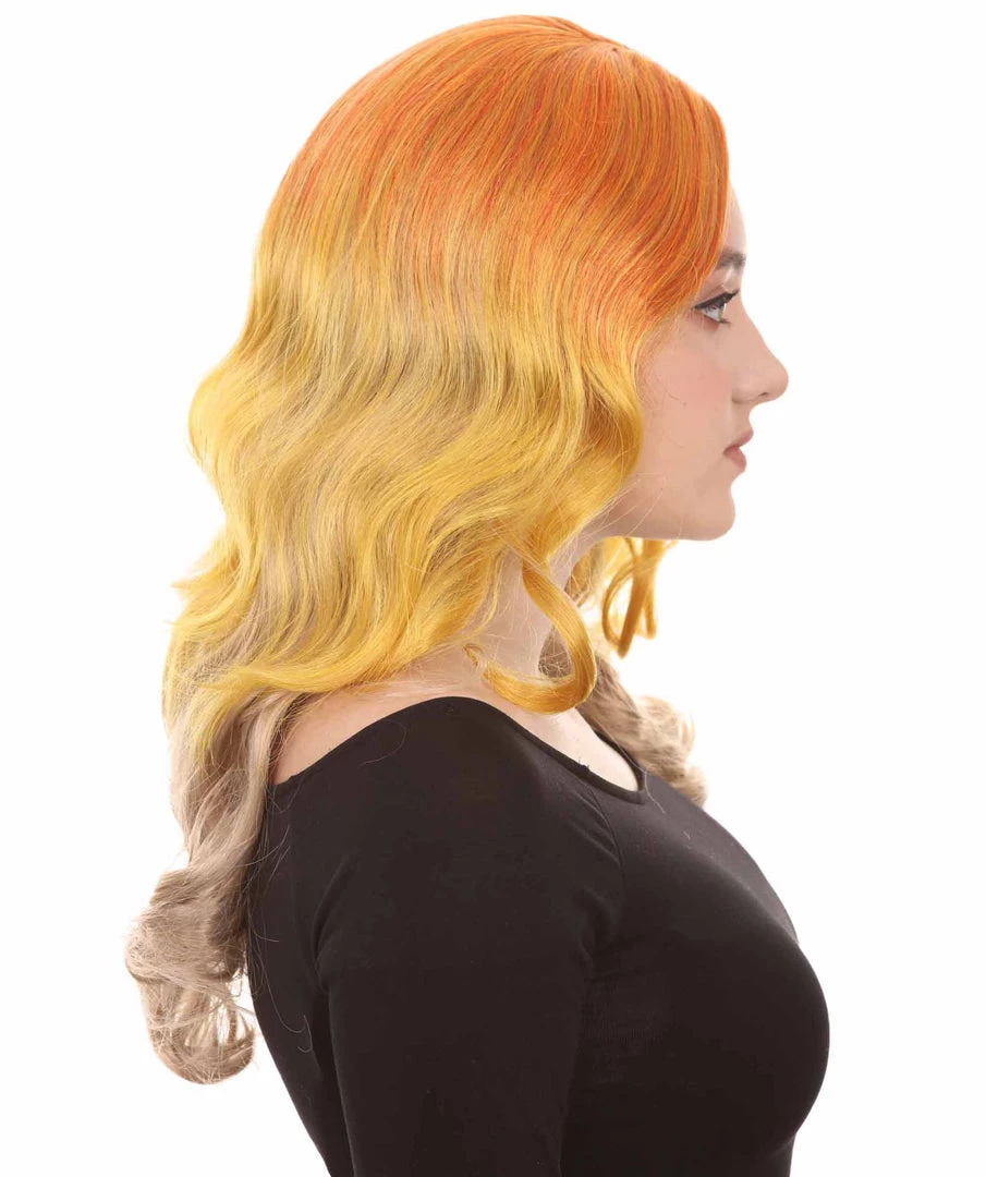 HPO Two-Tone Long Wavy Orange Womens Wig | Sexy Cosplay Party Halloween Wig | Premium Breathable Capless Cap Women's