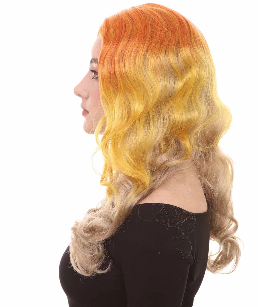 HPO Two-Tone Long Wavy Orange Womens Wig | Sexy Cosplay Party Halloween Wig | Premium Breathable Capless Cap Women's