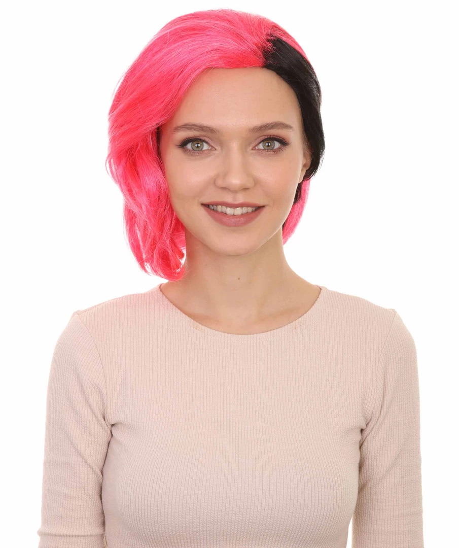 HPO Womens 80s Rave Punk Wig | Pink And Black Rock & Disco Wigs | Premium Breathable Capless Cap