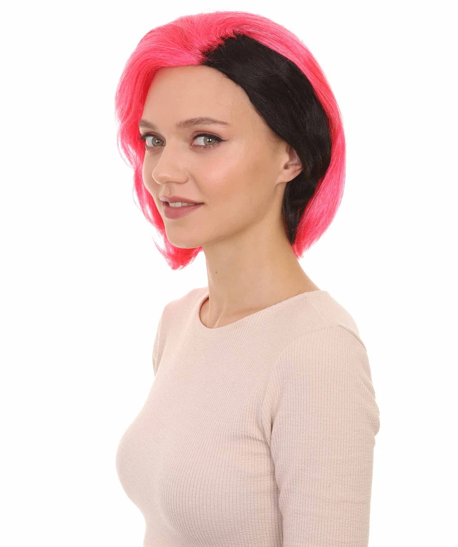 HPO Womens 80s Rave Punk Wig | Pink And Black Rock & Disco Wigs | Premium Breathable Capless Cap