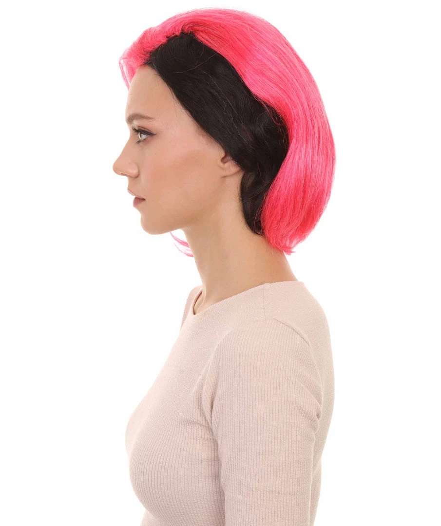HPO Womens 80s Rave Punk Wig | Pink And Black Rock & Disco Wigs | Premium Breathable Capless Cap