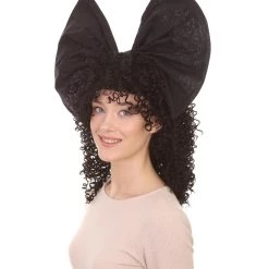 HPO Men's Australian Singer Curly Womens Wig | Large Black Bow Cosplay Halloween Wig | Premium Breathable Capless Cap