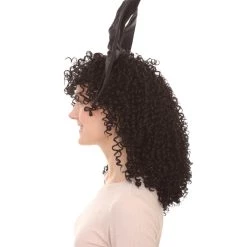 HPO Men's Australian Singer Curly Womens Wig | Large Black Bow Cosplay Halloween Wig | Premium Breathable Capless Cap