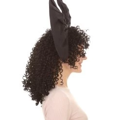 HPO Men's Australian Singer Curly Womens Wig | Large Black Bow Cosplay Halloween Wig | Premium Breathable Capless Cap