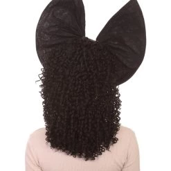HPO Men's Australian Singer Curly Womens Wig | Large Black Bow Cosplay Halloween Wig | Premium Breathable Capless Cap