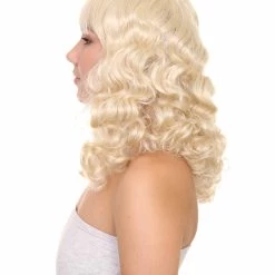 HPO Womens Blonde Pin Up Girl Wig | Medium Curly Cosplay Halloween Wig | Premium Breathable Capless Cap