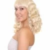 HPO Womens Blonde Pin Up Girl Wig | Medium Curly Cosplay Halloween Wig | Premium Breathable Capless Cap