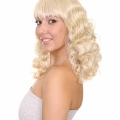 HPO Womens Blonde Pin Up Girl Wig | Medium Curly Cosplay Halloween Wig | Premium Breathable Capless Cap