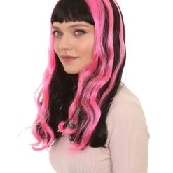 HPO Women's Womens 80s Long Black Neon Pink Streaks Punk Rave Wig | Rock Curly Disco Party Wigs | Premium Breathable Capless Cap